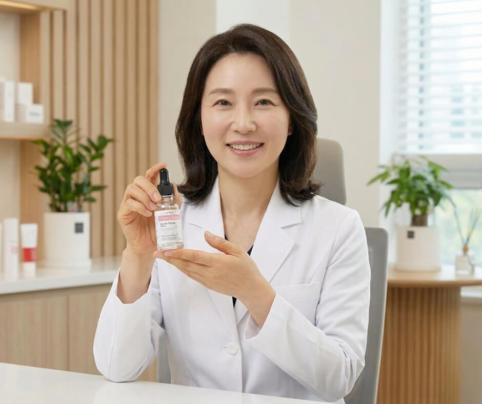 Especialista coreana mostrando producto de colágeno